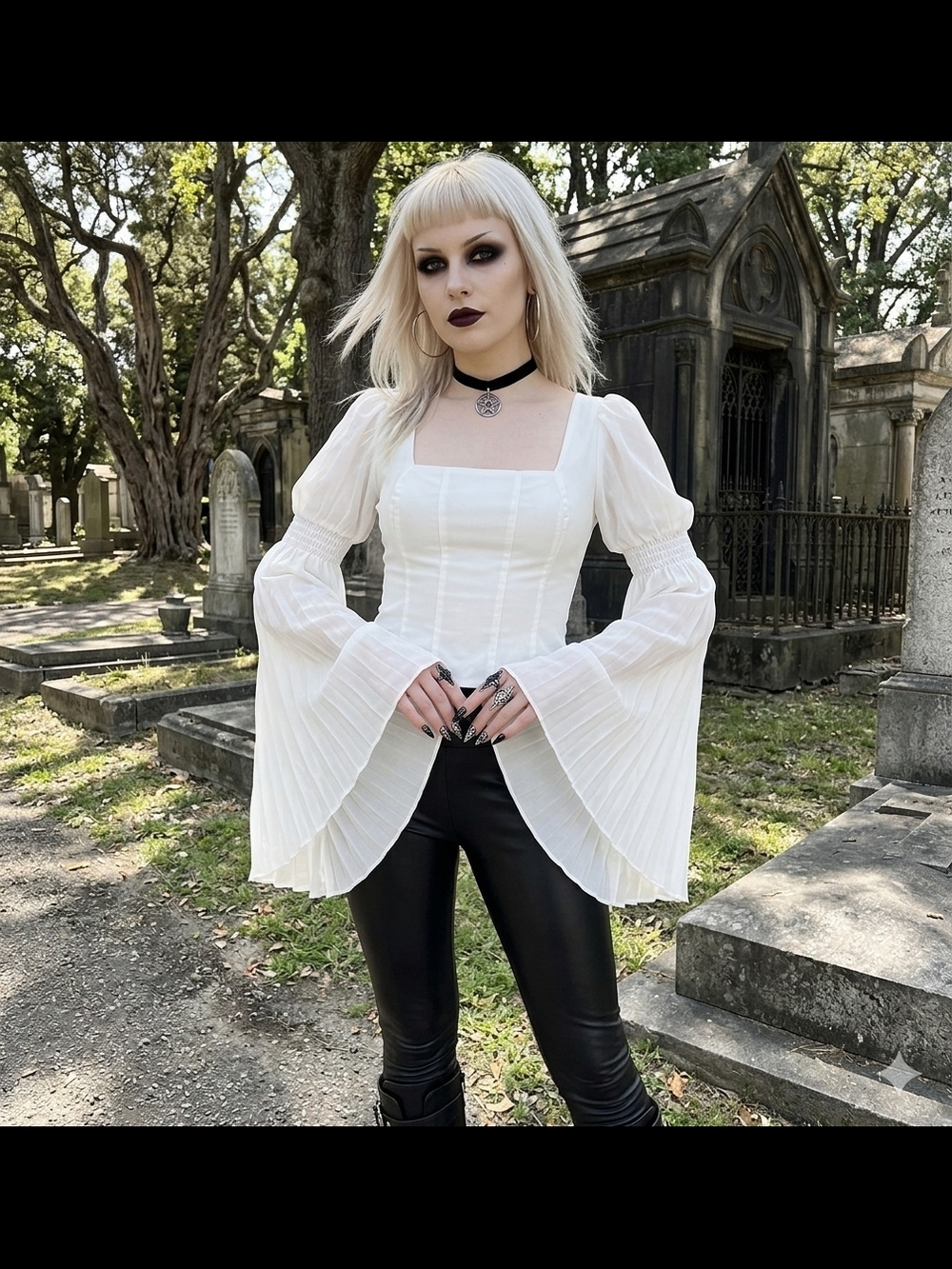 White Square-Neck Pleated Bell-Sleeve Blouse
